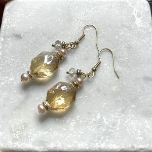 Champagne Crystal and Pink Pearl Drop Earrings